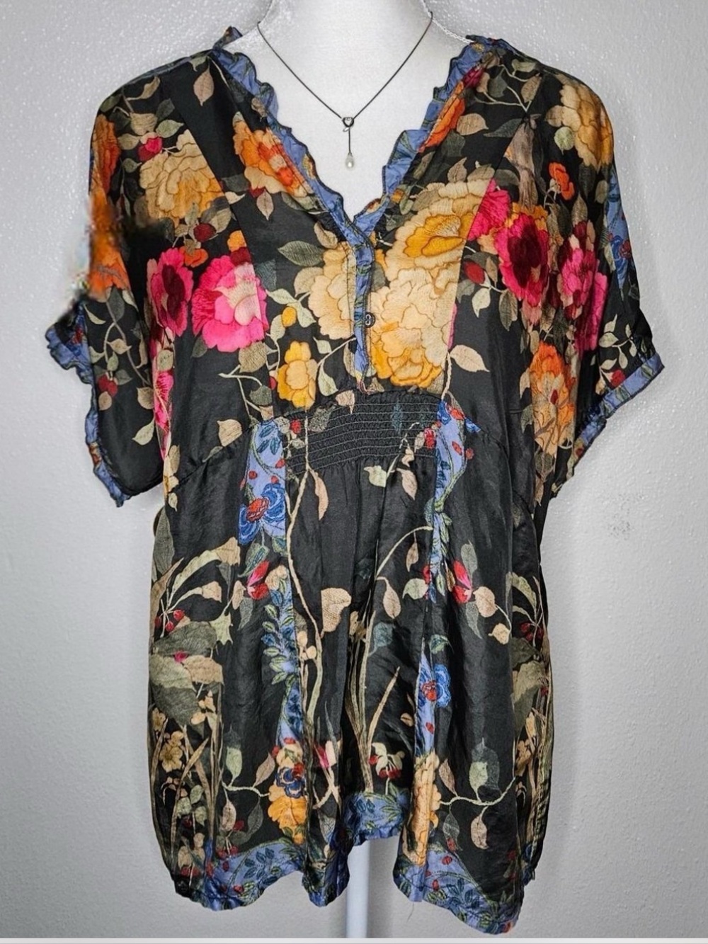 Johnny Was Floral Ruffle V-Neck Tunic with Pink, Yellow & Orange Blooms